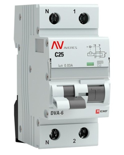 DVA-6 1P+N 25А (C) 30мА (AC) 6кА  AVERES (rcbo6-1pn-25C-30-ac-av). Автоматический выключатель дифференциального тока. EKF в Архангельске