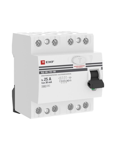 УЗО ВД-100 4P 25А 30мА тип AC эл-мех  PROxima (elcb-4-25-30-em-pro). Выключатель дифференциального тока (УЗО). EKF в Архангельске