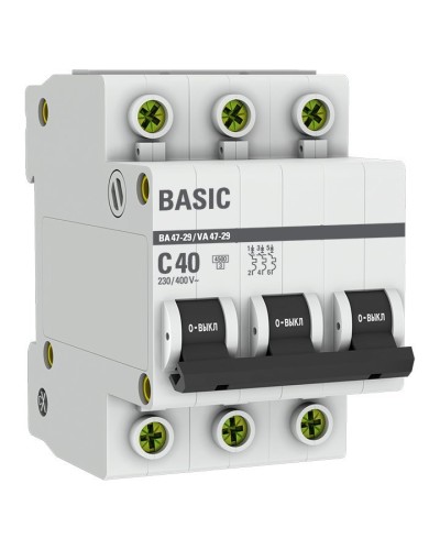 Автоматический выключатель 3P 40А (C) 4,5кА ВА 47-29 Basic (mcb4729-3-40C). Автоматический выключатель. EKF в Архангельске