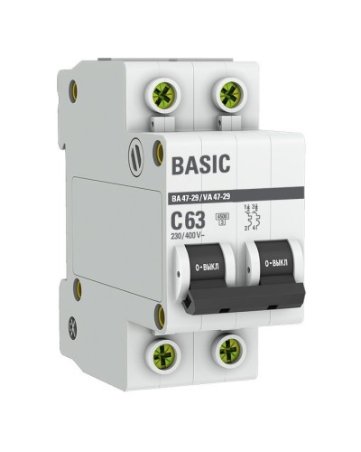 Автоматический выключатель 2P 63А (C) 4,5кА ВА 47-29 Basic (mcb4729-2-63C). Автоматический выключатель. EKF в Архангельске