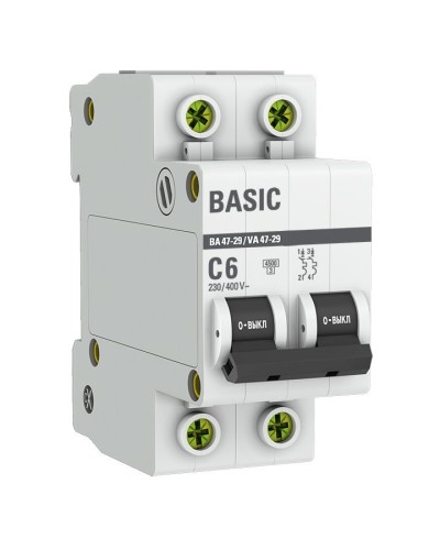 Автоматический выключатель 2P 6А (C) 4,5кА ВА 47-29 Basic (mcb4729-2-06C). Автоматический выключатель. EKF в Архангельске