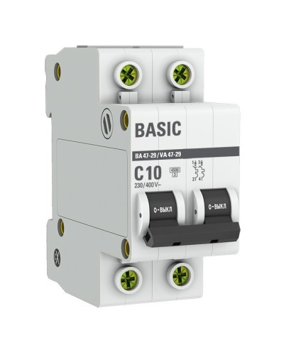 Автоматический выключатель 2P 10А (C) 4,5кА ВА 47-29 Basic (mcb4729-2-10C). Автоматический выключатель. EKF в Архангельске