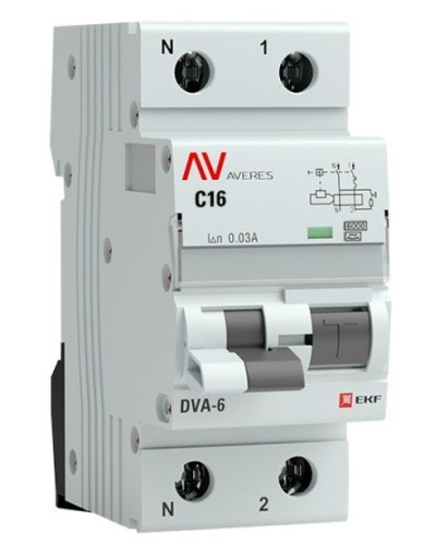 DVA-6 1P+N 16А (C) 30мА (AC) 6кА  AVERES (rcbo6-1pn-16C-30-ac-av). Автоматический выключатель дифференциального тока. EKF в Архангельске