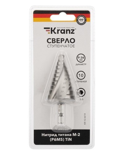Сверло по металлу ступенчатое ТИТАН 9,0-36,0 мм 110 mm 65 HRC Р6М5 TiN Kranz (KR-12-6614): Сверло по металлу шлифованное в Архангельске