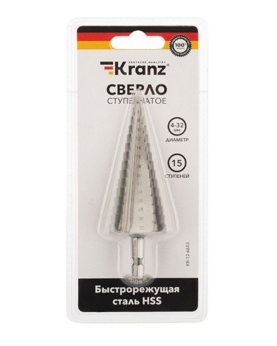 Сверло по металлу ступенчатое 4,0-32,0 мм 102 mm 62 HRC Kranz (KR-12-6603): Сверло по металлу шлифованное в Архангельске